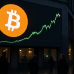 Groot reclamescherm aan een gebouw met het Bitcoin-logo en een koersgrafiek die sterk stijgt en daarna licht terugvalt, met voetgangers op straat