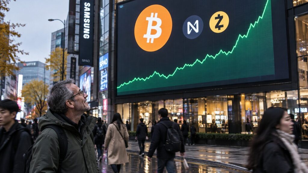 Groot reclamescherm in een winkelstraat met een groen stijgende koersgrafiek en de logo's van Bitcoin, NEAR en Zcash, met voorbijgangers op straat