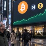 Groot reclamescherm in een winkelstraat met een groen stijgende koersgrafiek en de logo's van Bitcoin, NEAR en Zcash, met voorbijgangers op straat