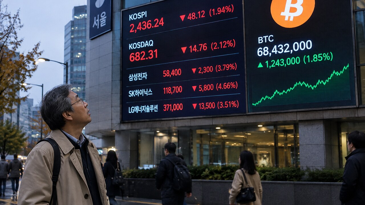 Groot elektronisch koersbord in Seoul met rode Koreaanse aandelenkoersen naast een Bitcoin-logo met een groene lijn, terwijl voorbijgangers omhoog kijken