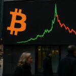 Groot digitaal koersscherm aan een gevel met het Bitcoin-logo en een grafiek met een piek gevolgd door een rode terugval