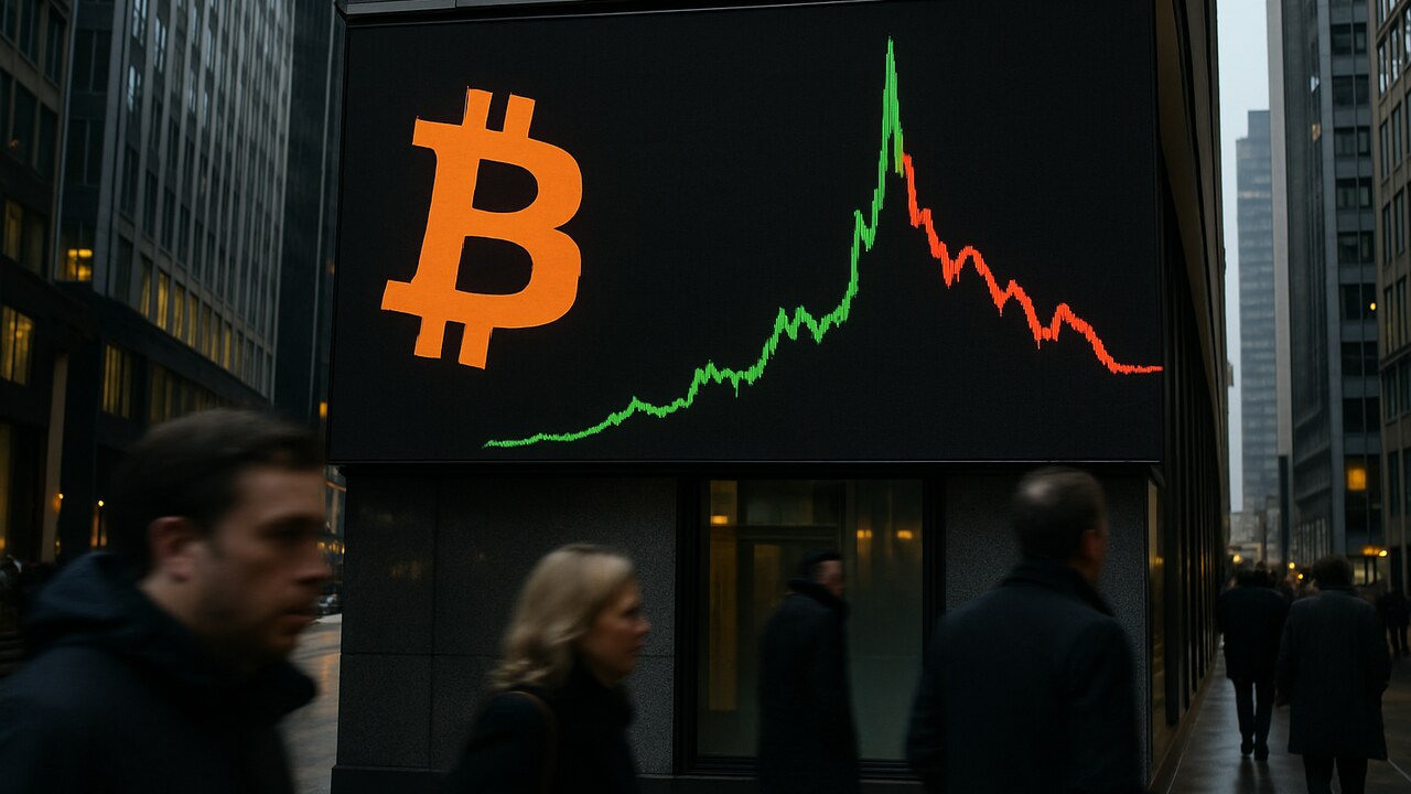 Groot digitaal koersscherm aan een gevel met het Bitcoin-logo en een grafiek met een piek gevolgd door een rode terugval