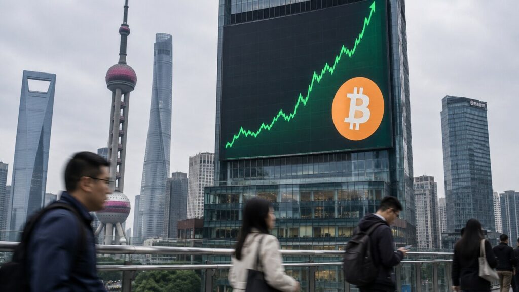 Groot reclamescherm in Shanghai met een groen stijgende koersgrafiek en een oranje Bitcoin-logo boven langslopende voetgangers
