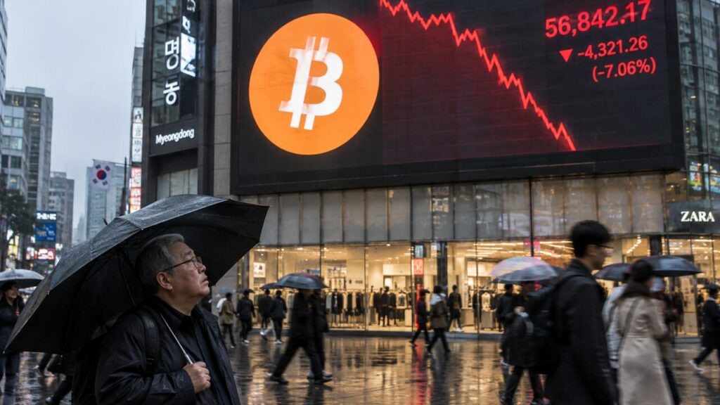 Groot reclamescherm in een regenachtige winkelstraat toont het Bitcoin-logo met een steil dalende rode koerslijn, terwijl een voorbijganger met paraplu omhoog kijkt
