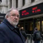 Oudere man met grijze baard in een donkerblauwe jas op een stoep in Manhattan, met op de achtergrond een lichtkrant met rode aandelenkoersen en het Bitcoin-logo