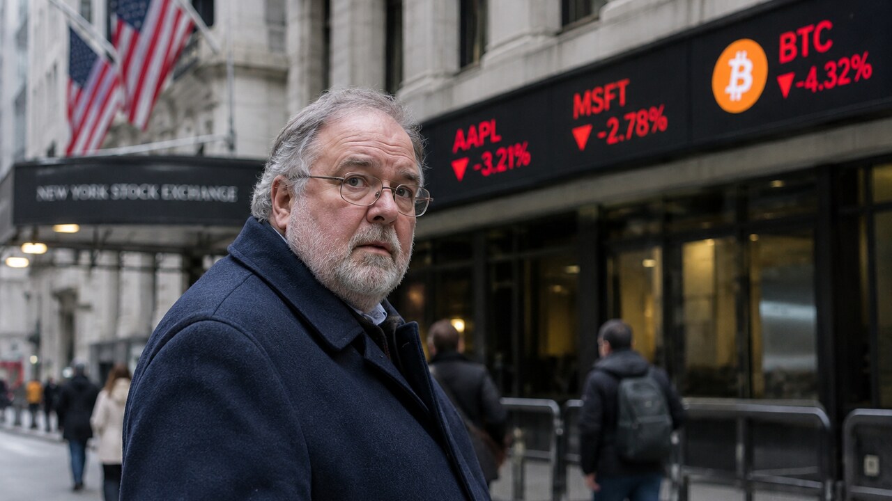 Oudere man met grijze baard in een donkerblauwe jas op een stoep in Manhattan, met op de achtergrond een lichtkrant met rode aandelenkoersen en het Bitcoin-logo