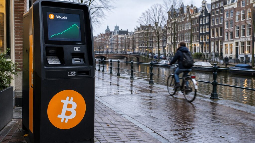 Bitcoin-automaat met een groen stijgende koersgrafiek op een rustige grachtenstraat in Amsterdam, zonder gebruikers