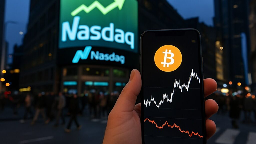 Smartphone met een Bitcoin-koersgrafiek die tegen een plafond stuit, voor de verlichte Nasdaq-toren op Times Square