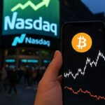 Smartphone met een Bitcoin-koersgrafiek die tegen een plafond stuit, voor de verlichte Nasdaq-toren op Times Square