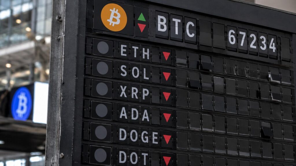Mechanisch prijsbord met bovenaan het Bitcoin-logo en daaronder vrijwel alleen rode pijlen omlaag bij andere tokens