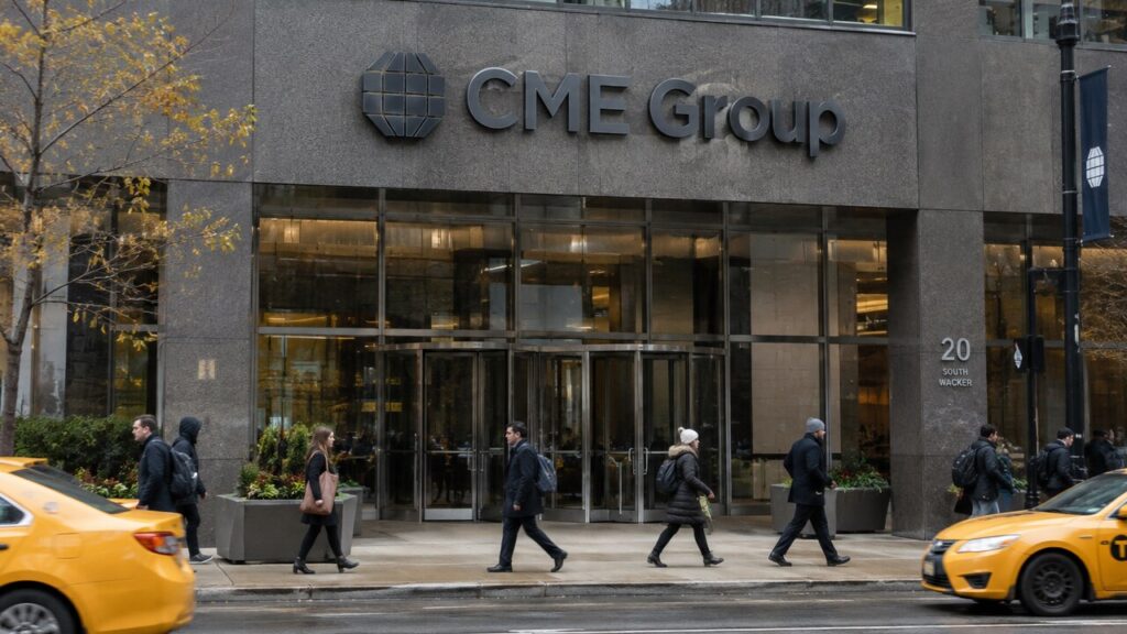 Gevel van het CME Group-hoofdkantoor in Chicago met groot logo en voorbijgangers op een bewolkte middag