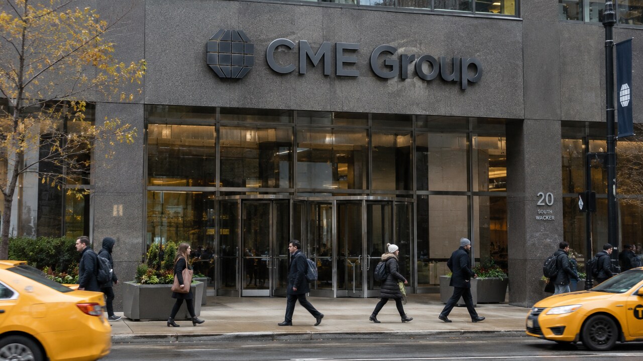 Gevel van het CME Group-hoofdkantoor in Chicago met groot logo en voorbijgangers op een bewolkte middag