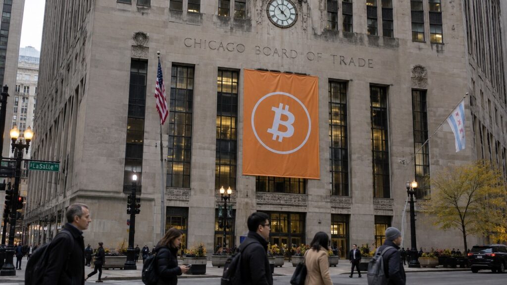 Het Chicago Board of Trade-gebouw in Chicago met een oranje Bitcoin-banier op de gevel en voorbijgangers op straat