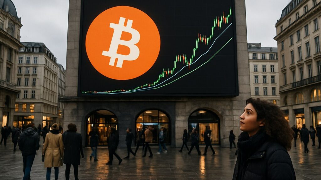 Groot digitaal reclamebord op een plein met het Bitcoin-logo en een stijgende koersgrafiek waarin lijnen elkaar kruisen