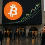 Groot digitaal reclamebord op een plein met het Bitcoin-logo en een stijgende koersgrafiek waarin lijnen elkaar kruisen
