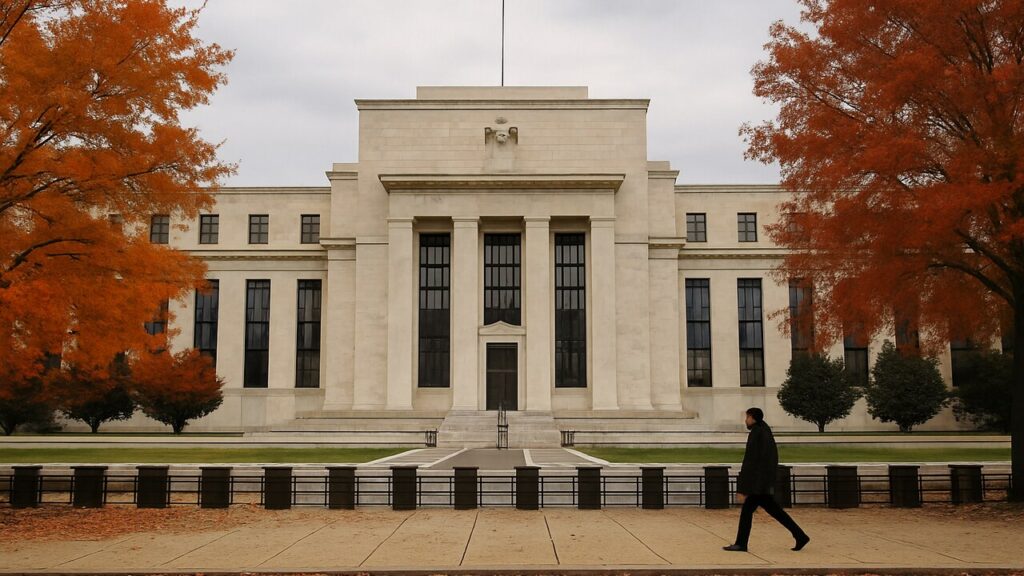 Het gebouw van de Federal Reserve in Washington met herfstbladeren op de stoep