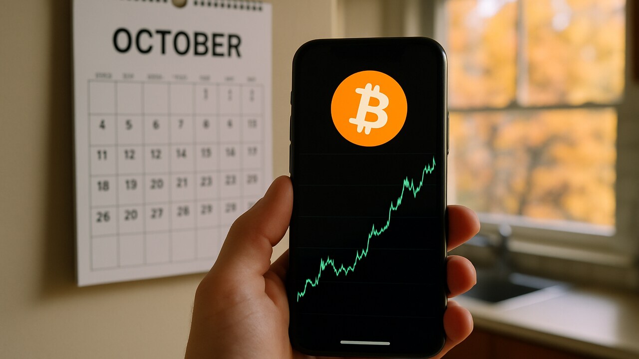 Hand met smartphone die een stijgende Bitcoin-grafiek toont voor een kalender op de maand oktober, met herfstbladeren buiten