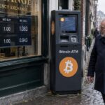 Wisselkantoor met euro- en dollarkoersen naast een bitcoinautomaat met oranje Bitcoin-logo in een Amsterdamse winkelstraat