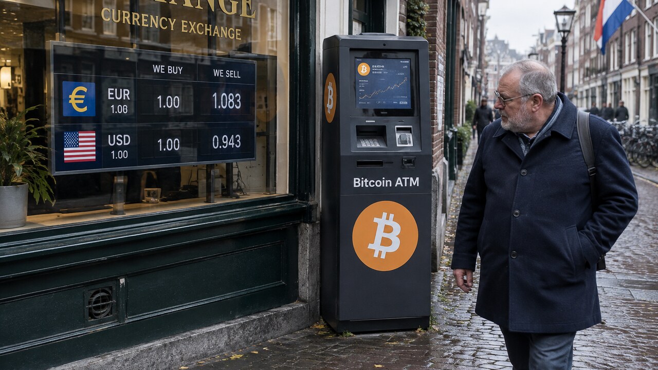 Wisselkantoor met euro- en dollarkoersen naast een bitcoinautomaat met oranje Bitcoin-logo in een Amsterdamse winkelstraat