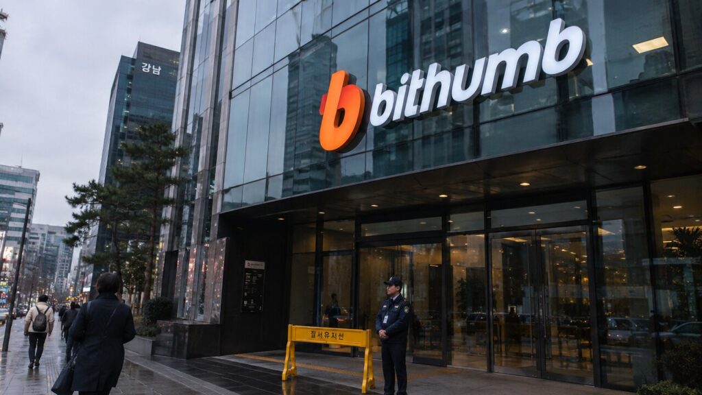 Gevel van een kantoorgebouw in Seoel met een groot Bithumb-logo en een beveiliger bij de ingang