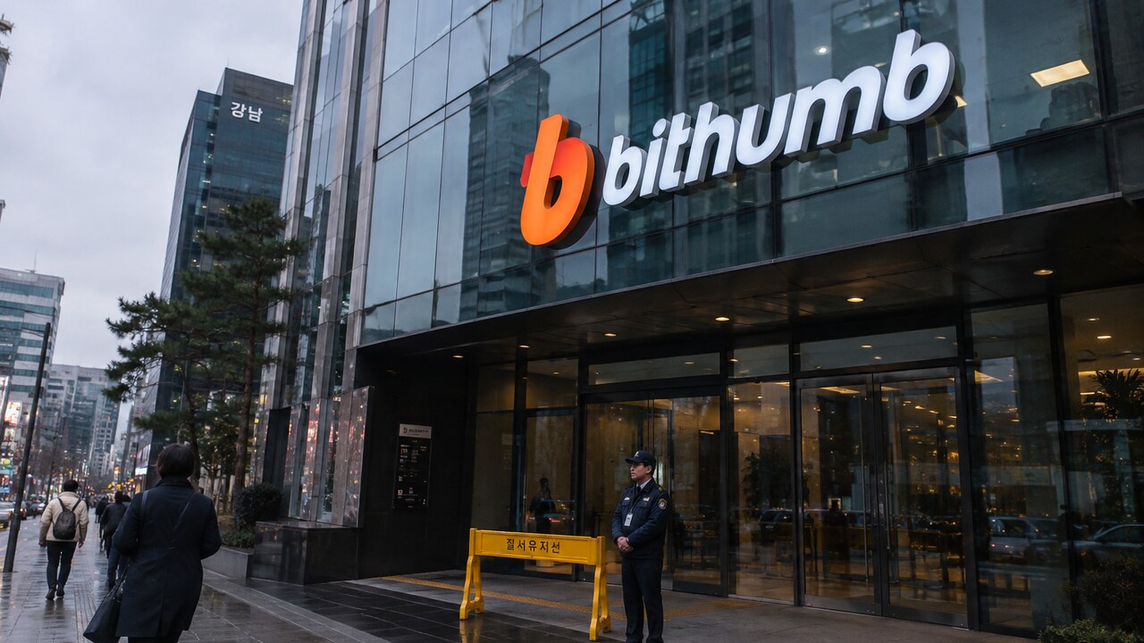 Gevel van een kantoorgebouw in Seoel met een groot Bithumb-logo en een beveiliger bij de ingang