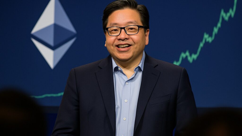 Tom Lee van BitMine spreekt op een podium met het Ethereum-logo en een stijgende groene grafiek op het scherm achter hem