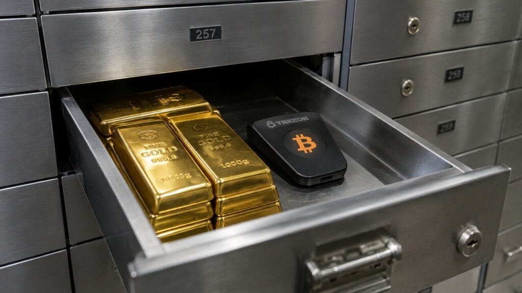 Open kluisla in een bankkluis met goudstaven naast een hardware wallet met het Bitcoin-logo