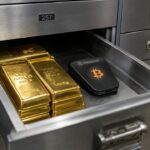Open kluisla in een bankkluis met goudstaven naast een hardware wallet met het Bitcoin-logo