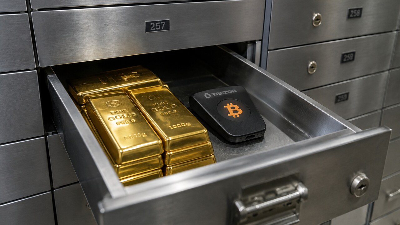 Open kluisla in een bankkluis met goudstaven naast een hardware wallet met het Bitcoin-logo