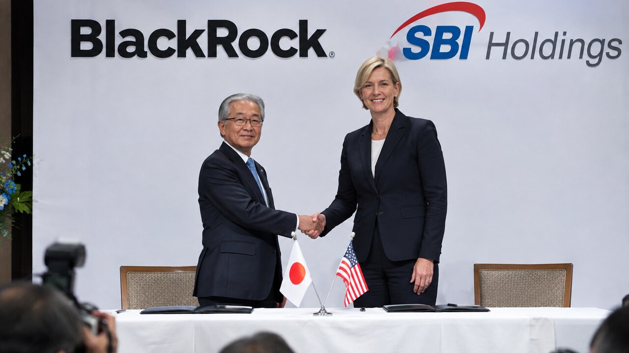Ondertekeningsceremonie op een podium in Tokio met de logo's van BlackRock en SBI Holdings op de achtergrond en twee bestuurders die elkaar de hand schudden