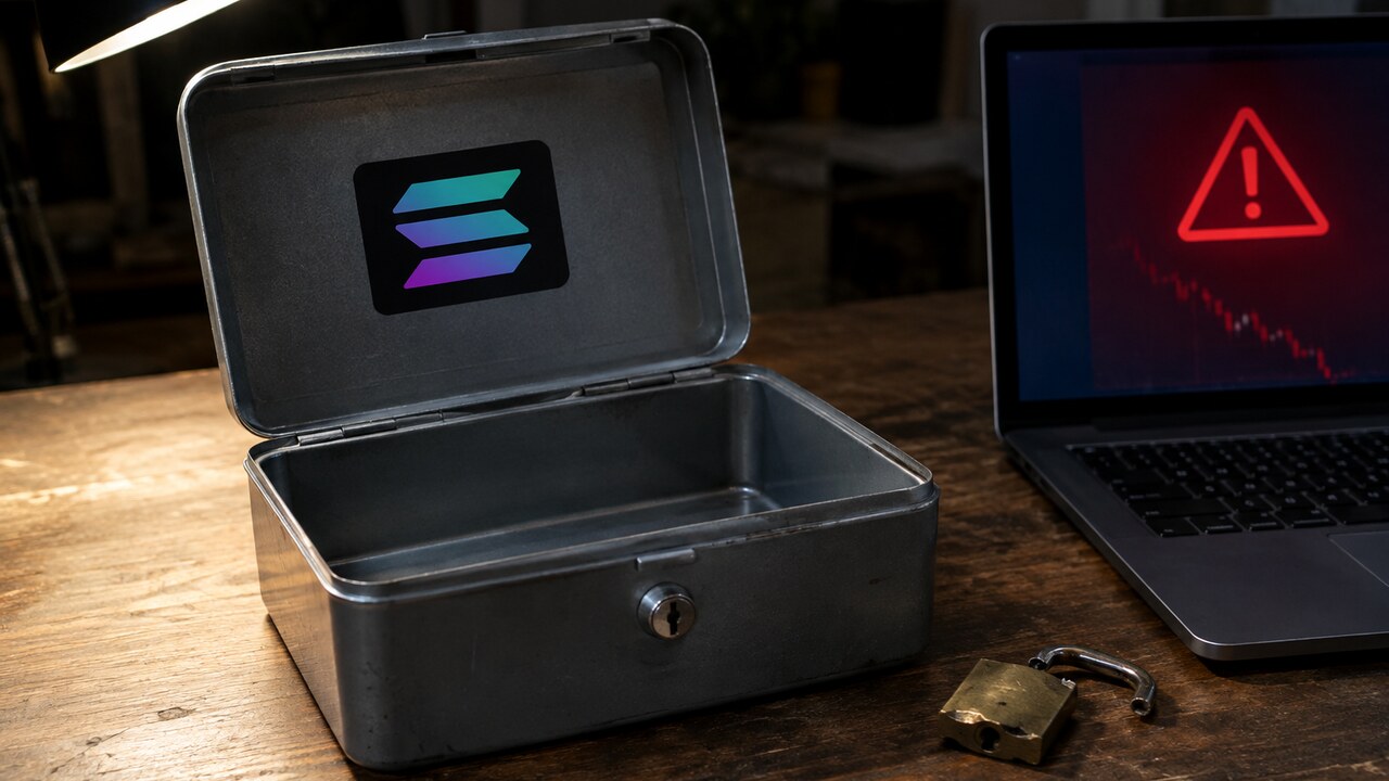 Lege geldkist met Solana-logo naast een kapot hangslot en een laptop met een rode beveiligingswaarschuwing