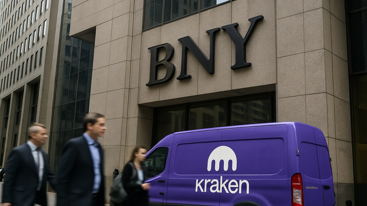 Gevel van het hoofdkantoor van BNY in New York met het BNY-logo, met op de voorgrond een paarse Kraken-banner