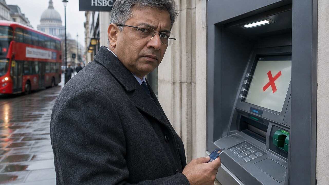 Man met bankpas kijkt gefrustreerd bij een geldautomaat van een Britse bank in Londen, met een rood kruis op het scherm