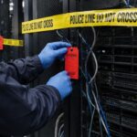 Losgekoppelde serverracks in een datacenter met rode bewijslabels en afzetlint van justitie