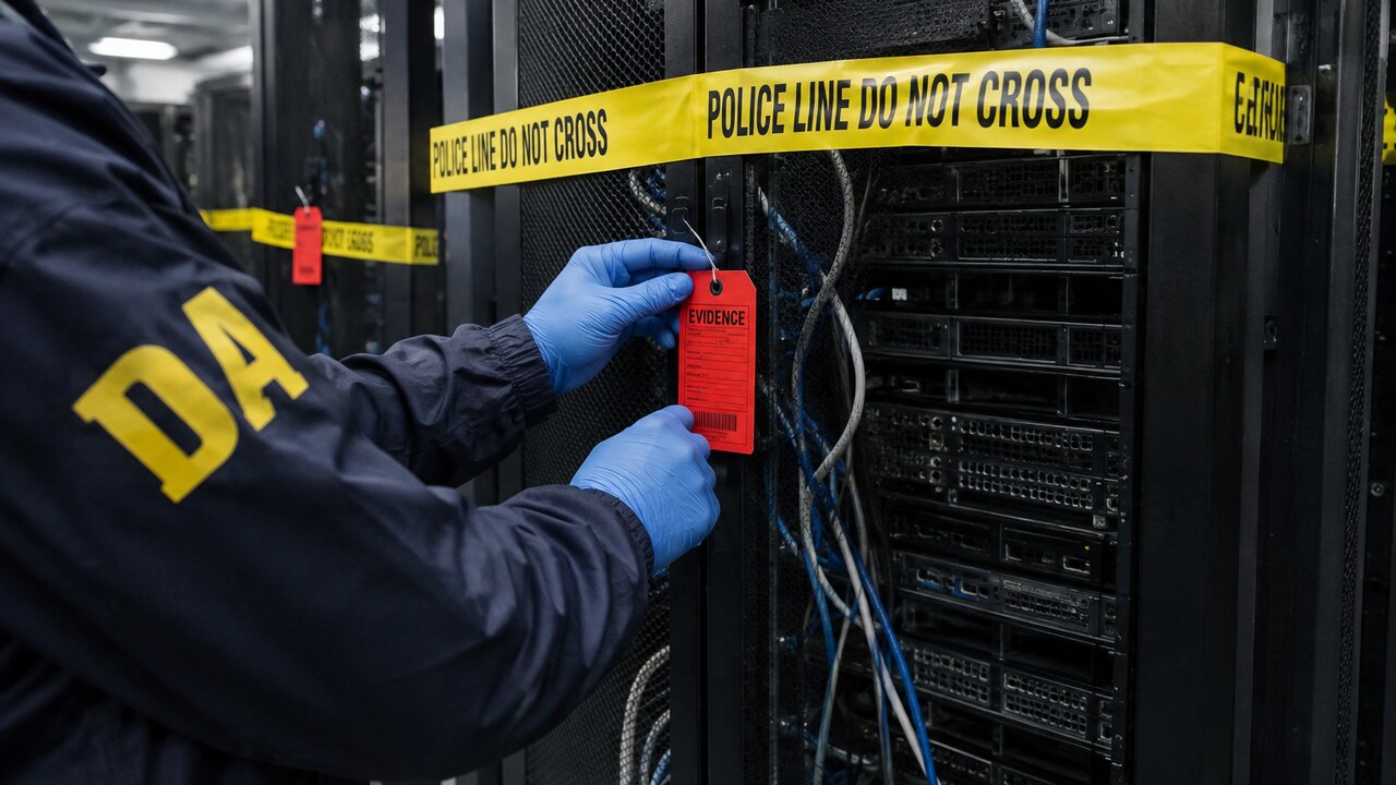 Losgekoppelde serverracks in een datacenter met rode bewijslabels en afzetlint van justitie