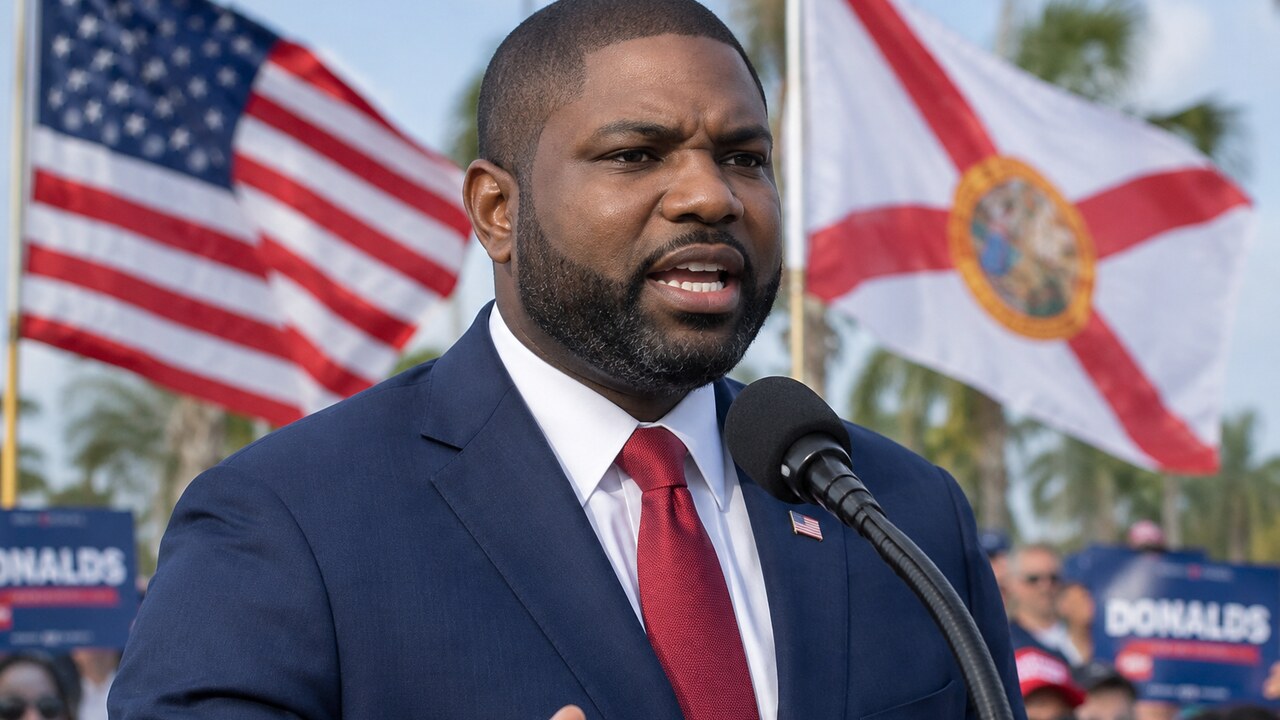 Congreslid Byron Donalds spreekt op een campagnebijeenkomst in Florida, met de Amerikaanse en Floridiaanse vlag en palmbomen op de achtergrond