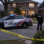 Politieauto van de Toronto Police bij een afgezette straat met politielint in een woonwijk in de schemering