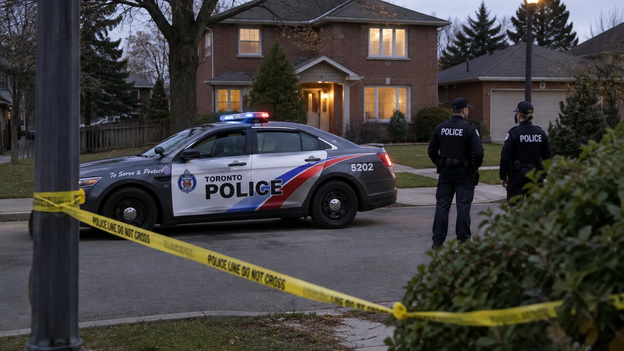 Politieauto van de Toronto Police bij een afgezette straat met politielint in een woonwijk in de schemering