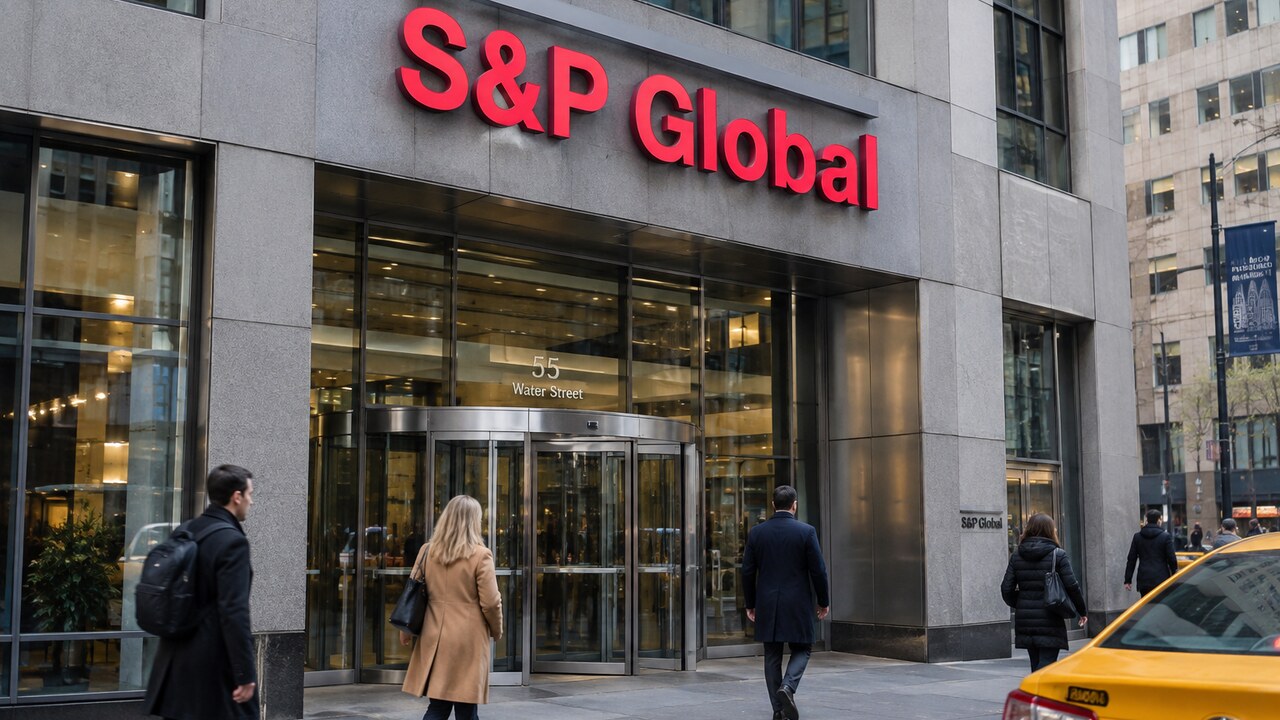 Gevel van het hoofdkantoor van S&P Global in Lower Manhattan met groot logo en voorbijgangers op straat