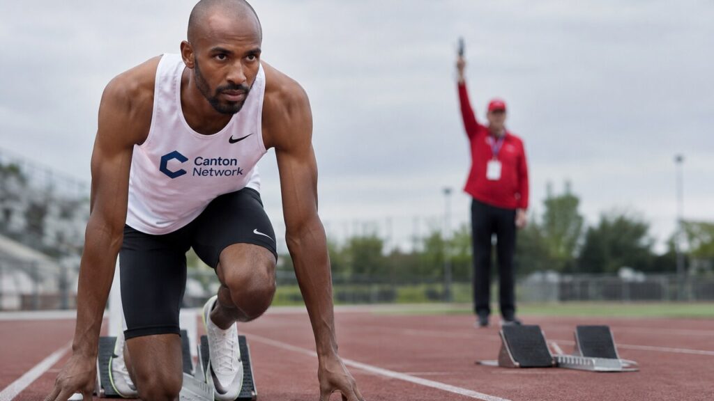 Sprinter in startblokken op een atletiekbaan met het Canton-logo op zijn shirt, klaar voor de start