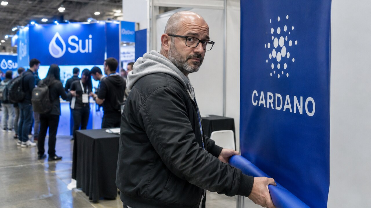 Man rolt een banier met het Cardano-logo op bij een lege beursstand, terwijl op de achtergrond een drukke stand met het Sui-logo staat