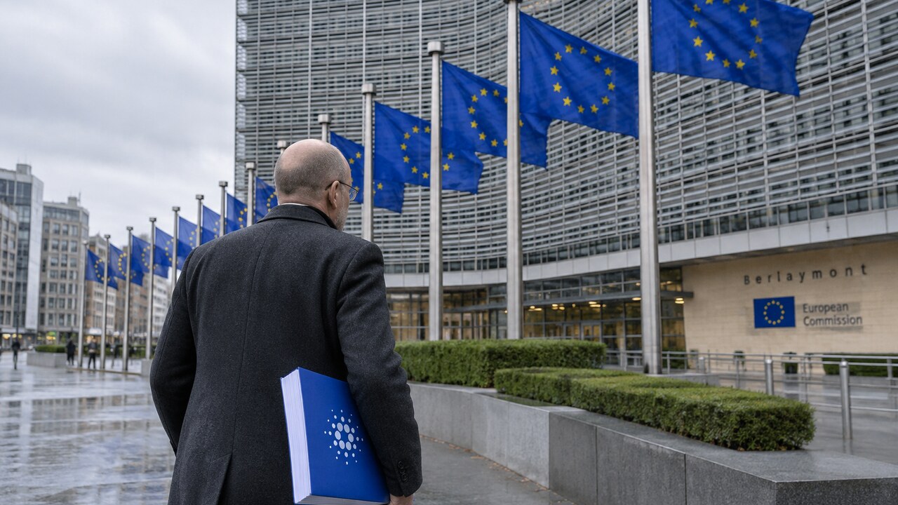 Man loopt met een document met het Cardano-logo naar het Berlaymont-gebouw van de Europese Commissie in Brussel, met EU-vlaggen ervoor