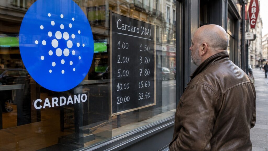 Etalage van een gokwinkel met een groot blauw Cardano-logo op het raam en een man die het quoteringsbord bekijkt