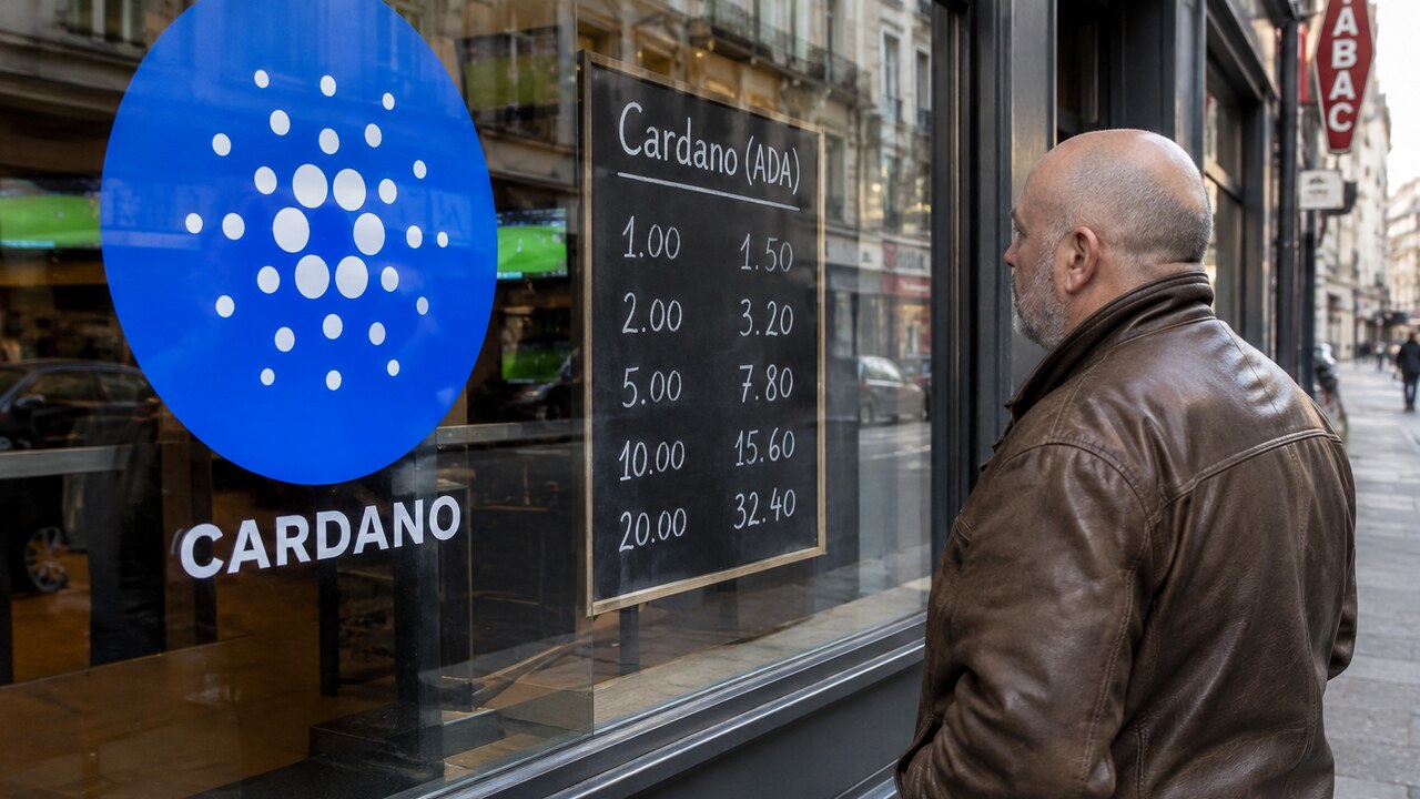 Etalage van een gokwinkel met een groot blauw Cardano-logo op het raam en een man die het quoteringsbord bekijkt