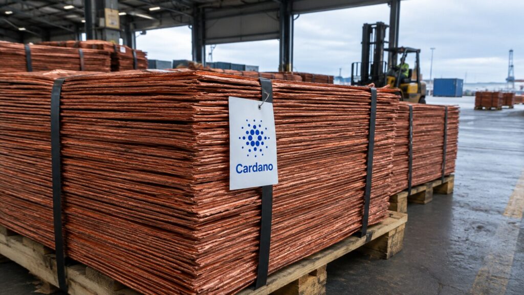 Stapels koperkathodes op pallets in een havenloods, met een label met het Cardano-logo