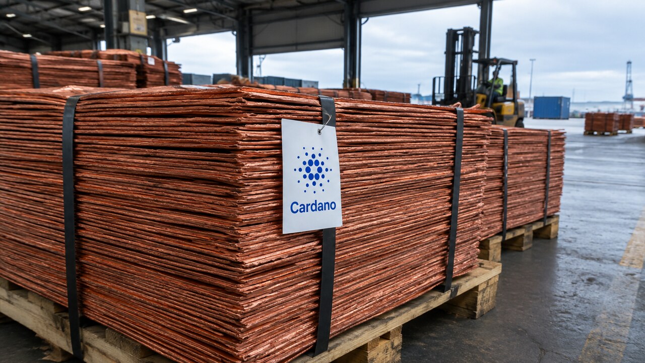 Stapels koperkathodes op pallets in een havenloods, met een label met het Cardano-logo