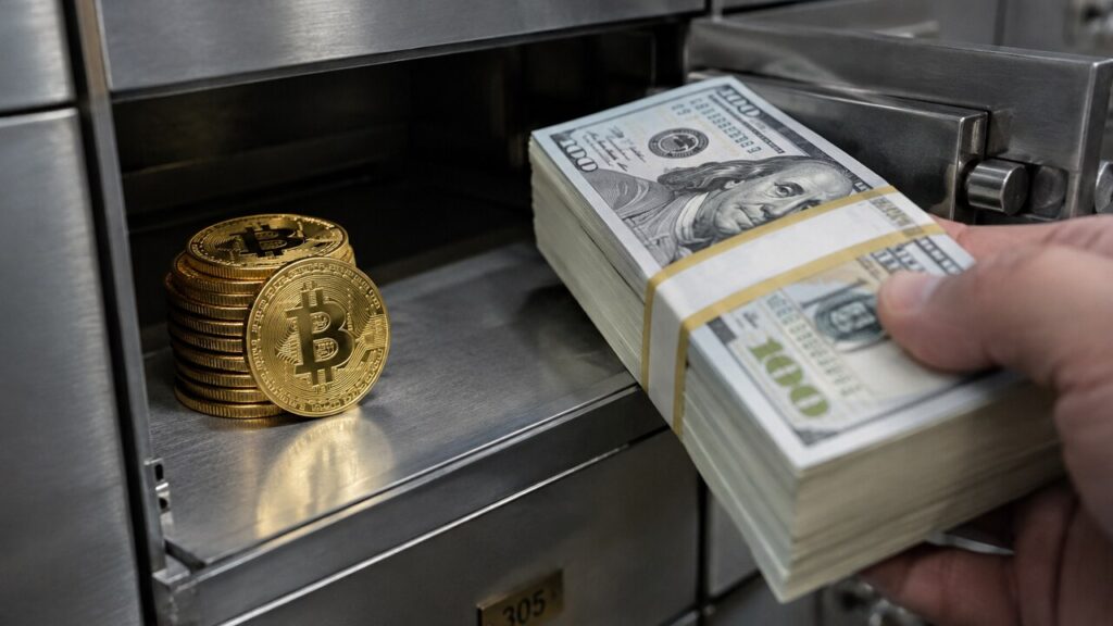 Geopende kluis met gouden Bitcoinmunten, terwijl een stapel Amerikaanse dollarbiljetten eruit wordt gehaald