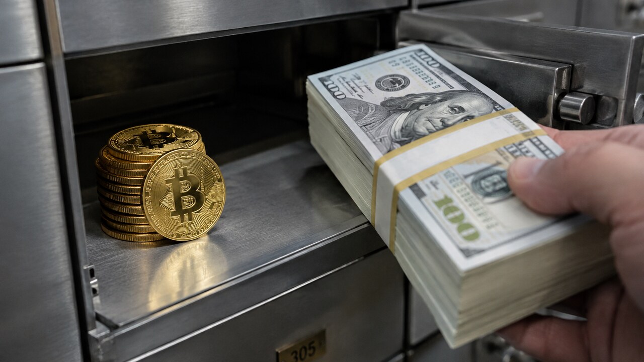 Geopende kluis met gouden Bitcoinmunten, terwijl een stapel Amerikaanse dollarbiljetten eruit wordt gehaald