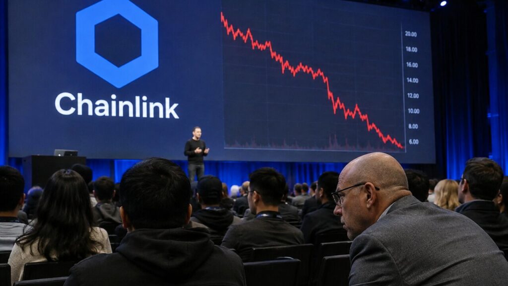 Groot scherm op een cryptoconferentie toont het Chainlink-logo naast een dalende rode koersgrafiek, met publiek op de voorgrond