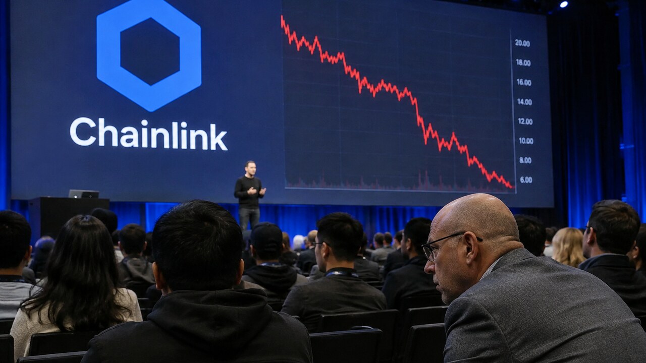Groot scherm op een cryptoconferentie toont het Chainlink-logo naast een dalende rode koersgrafiek, met publiek op de voorgrond
